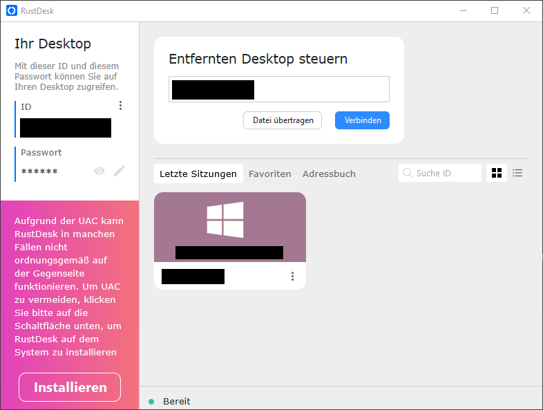 RustDesk Hauptfenster RustDesk Hauptfenster